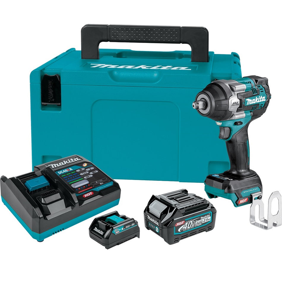 Makita 40Vmax XGT Brushless 1/2" Mid-Torque Impact Wrench TW007GD101.  Angled view of wrench, battery, battery adaptor and battery charger.