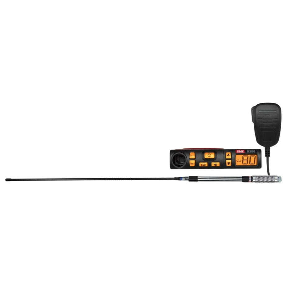 5 Watt UHF CB Radio - Starter Kit -TX3100VP. Front view of the radio, antenna and microphone.