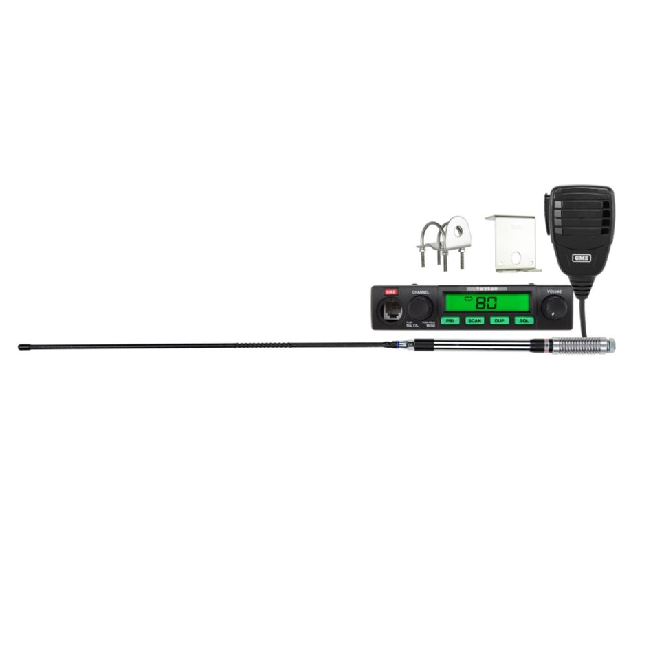 5 Watt Compact UHF CB Radio - TX3500SVP.  Front view of radio, brackets, antenna and microphone