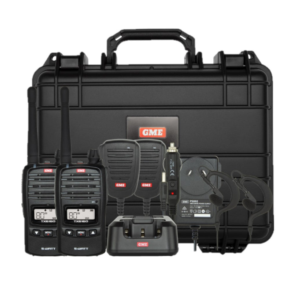 GME Handheld UHF 5w Radio Twin Pack Black W/Case layout of kit