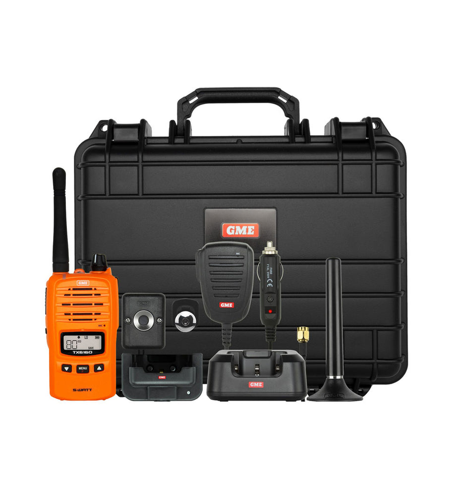 GME 5/1 Watt UHF CB Orange Handheld Radio Car Kit layout of kit