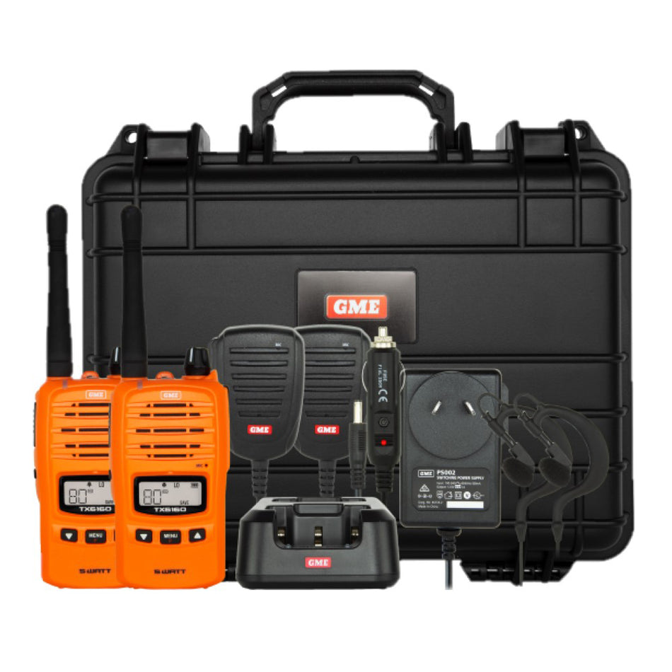 GME Handheld UHF 5w Radio Twin Pack Orange W/Case layout of kit