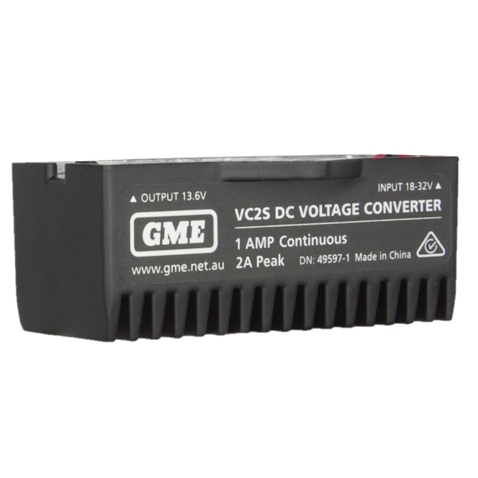 GME Voltage Converter 24/12V DC-VC2S. Front view of black voltage converter.