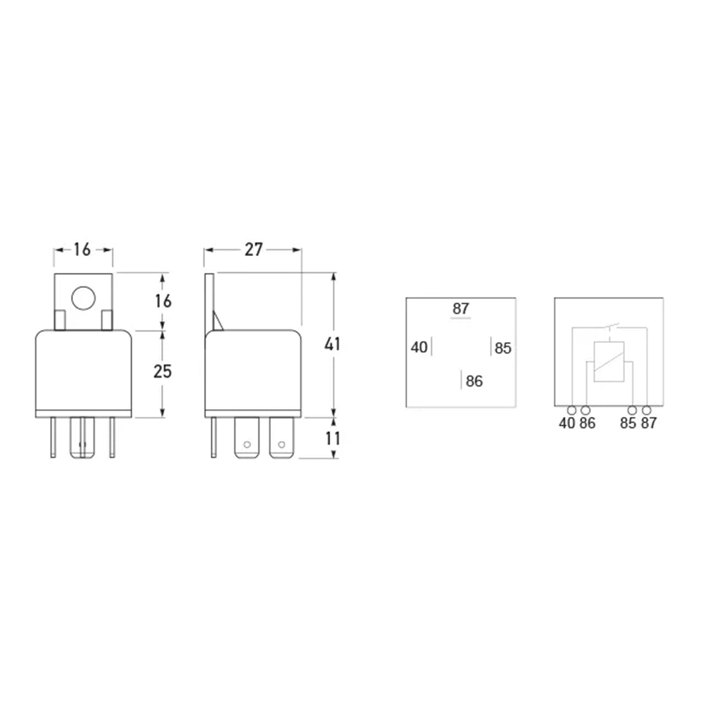 HELLA 12V 4 Pin Normally Open Mini Relay - 40A dimensions