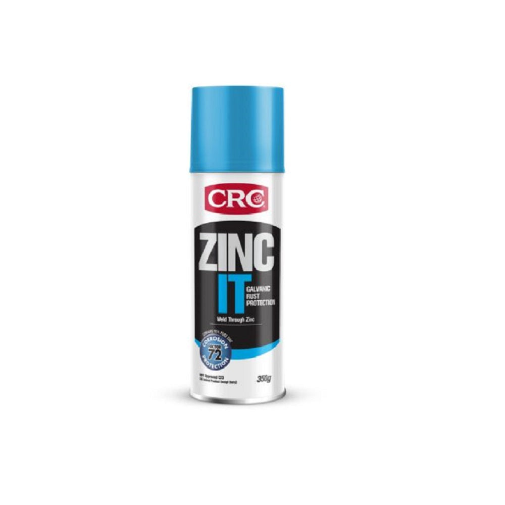 CRC Zinc It 350G-2085. Front view of spray can with black, white and blue and red CRC logo on it with a blue cap.