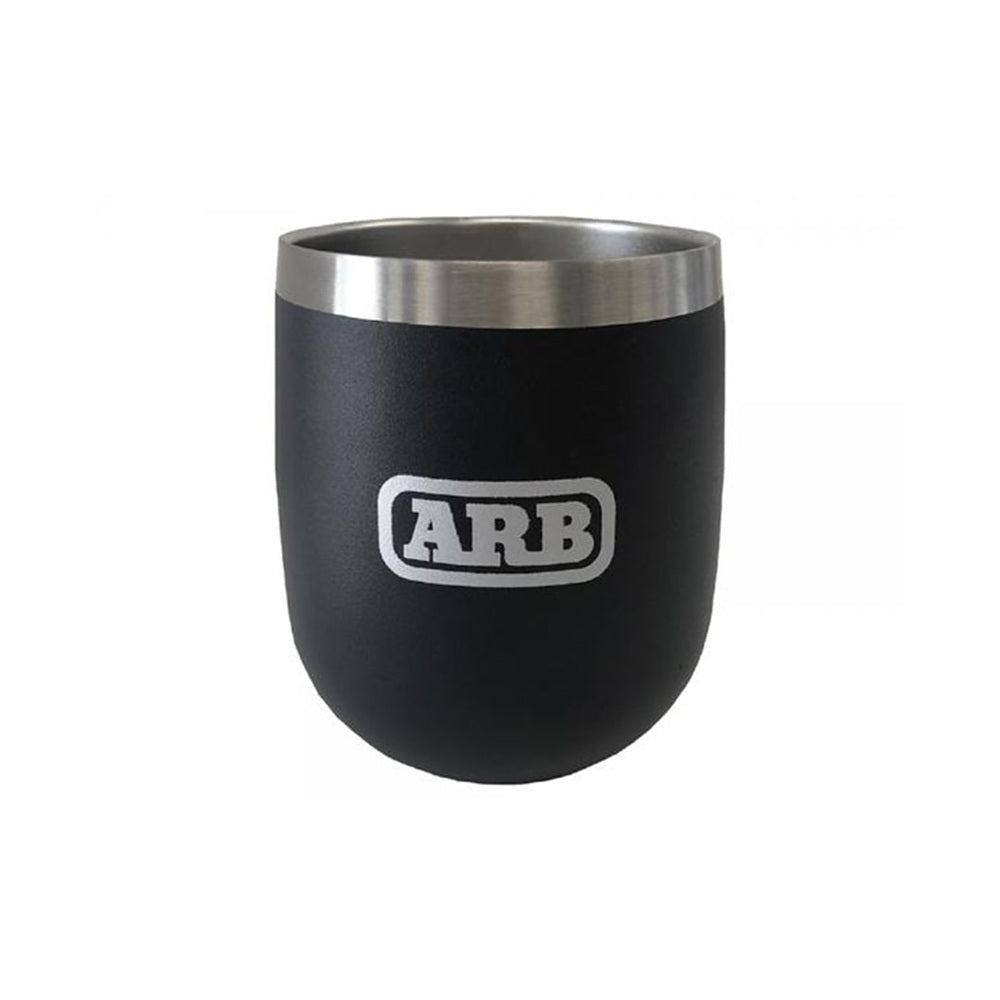 ARB Camper Tumbler-217938. Front view of a black tumbler with a silver rim at top and ARB branding.