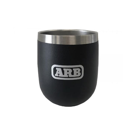ARB Camper Tumbler-217938. Front view of a black tumbler with a silver rim at top and ARB branding.