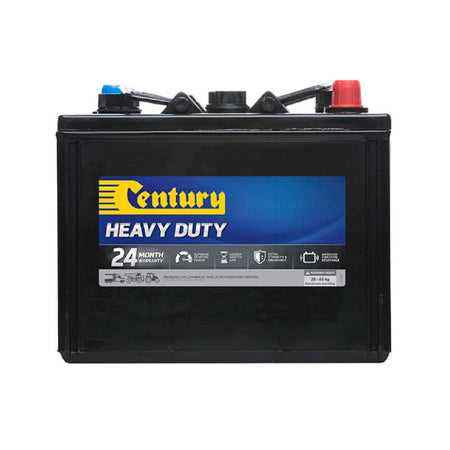 Century Battery Commercial FLA 6V 750CCA-23. Front view of black battery with Century logo with blue and black label on front.