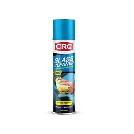 CRC Glass Cleaner Aerosol 500ml-3070. Front view of spray can with a picture of a hand wiping a glass surface in blue with the red CRC logo and a blue cap.
