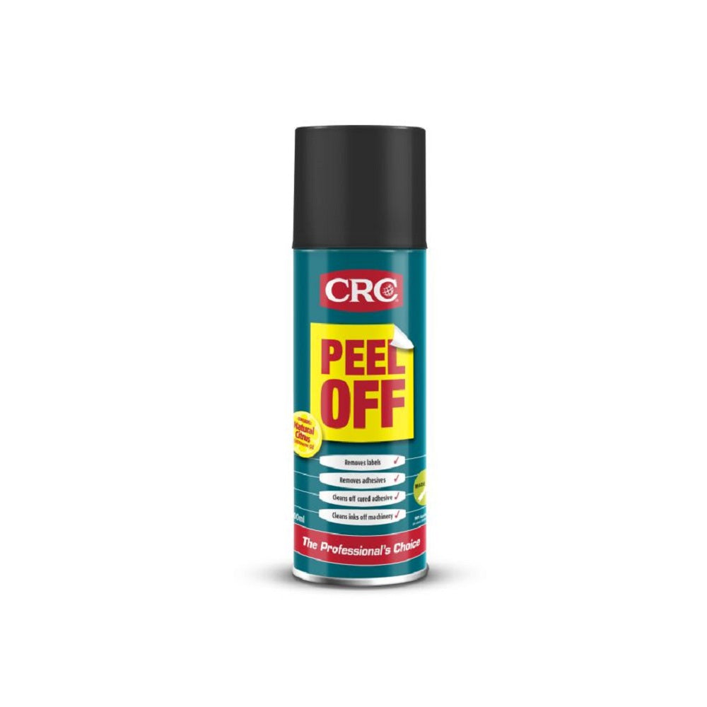 CRC Peel Off Label Remover 400ml-3352. Front view of blue spray can with yellow label with red writing and red CRC logo and black cap.
