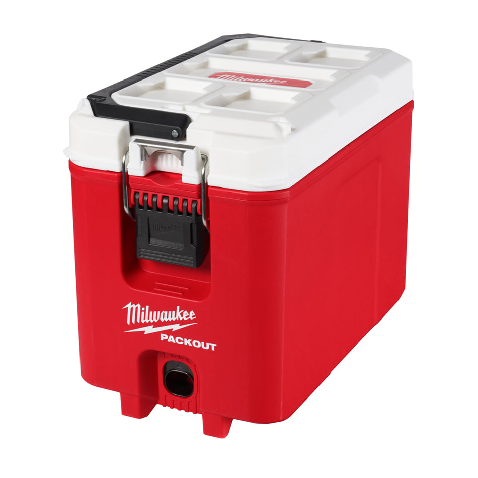 Milwaukee Packout Hard Sided Cooler 48228460. Angled view of cooler.