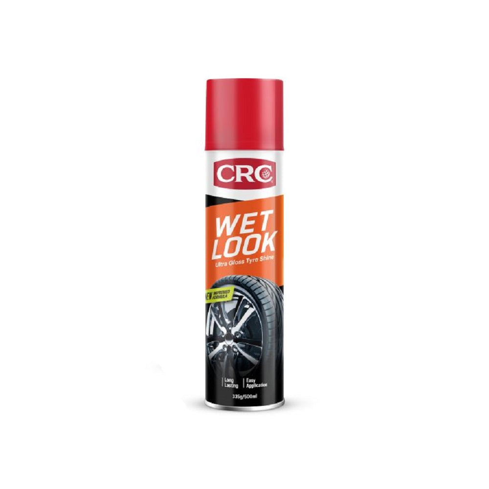 CRC Wet Look Ultra Gloss Tyre Shine 500ml-5047. Front view of spray can with black tyre on the bottom and an orange stripe and the red CRC logo and a red cap.