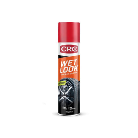 CRC Wet Look Ultra Gloss Tyre Shine 500ml-5047. Front view of spray can with black tyre on the bottom and an orange stripe and the red CRC logo and a red cap.