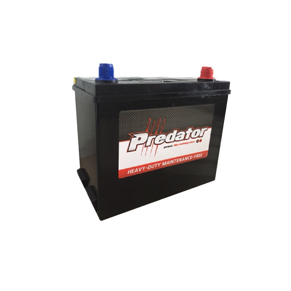 Predator Commercial Battery SIL CAL 12V 520CC-55B24LS-EHD. Front view of black battery with white predator logo on black, white and red label on front.