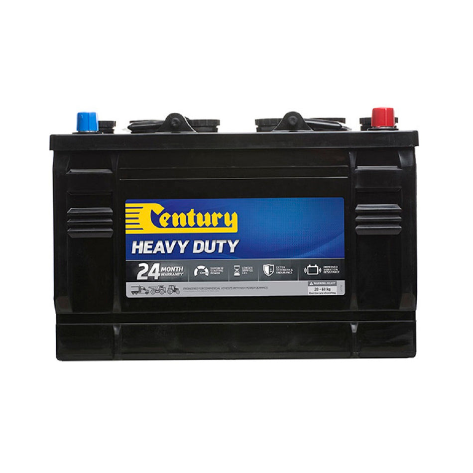 Century Battery Commercial FLA 12V 680CCA-86. Front view of black battery with yellow Century logo on blue and black label on front.