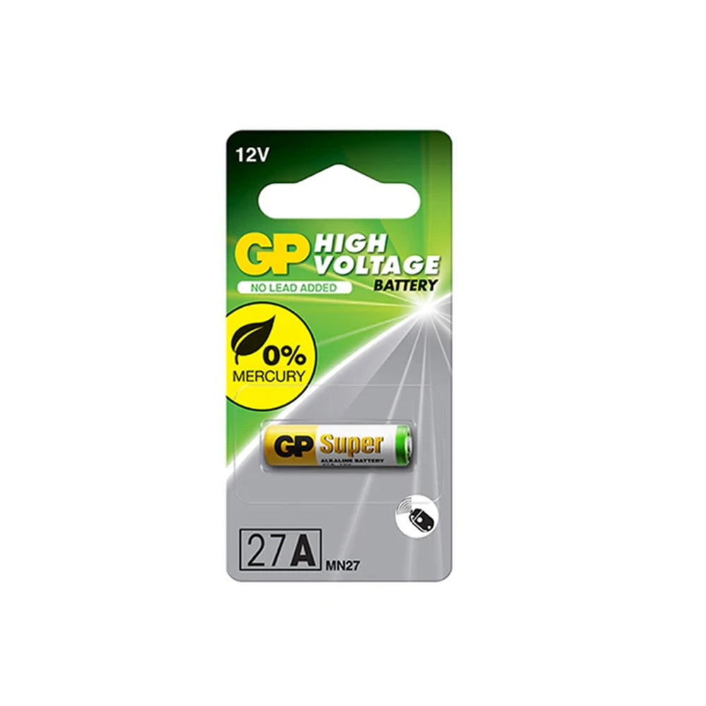 Battery A27 Alkaline HV Single-A27. Front view of battery in blister pack with grey and green cardboard.