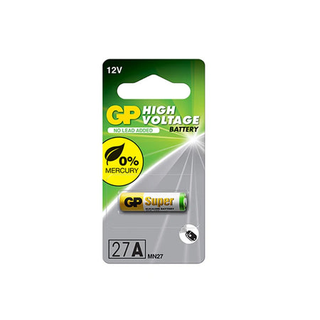 Battery A27 Alkaline HV Single-A27. Front view of battery in blister pack with grey and green cardboard.