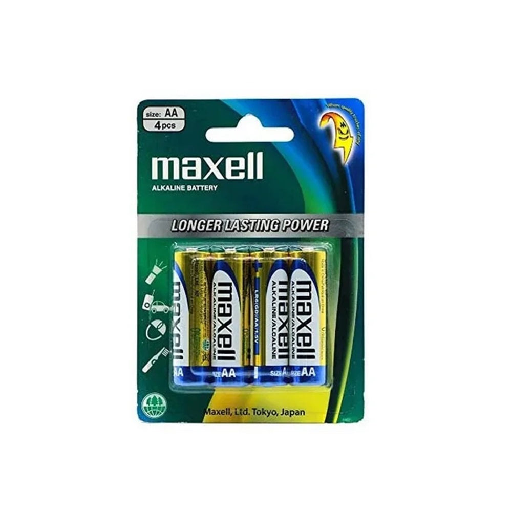 Battery AA - Alkaline 4 pk-AA4. Front view of 4 x batteries in blister pack with green, yellow and blue cardboard.