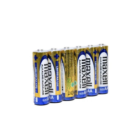 Battery AA Alkaline 6 pk-AA-6. Front view of 6 x batteries in shrink wrap pack.