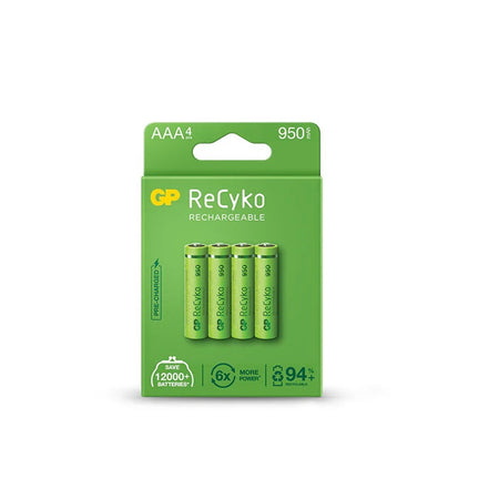 Battery AAA Rechargeable 950mAh 4 pk-AAA-R4. Front view of green cardboard pack with 4 batteries on the front.