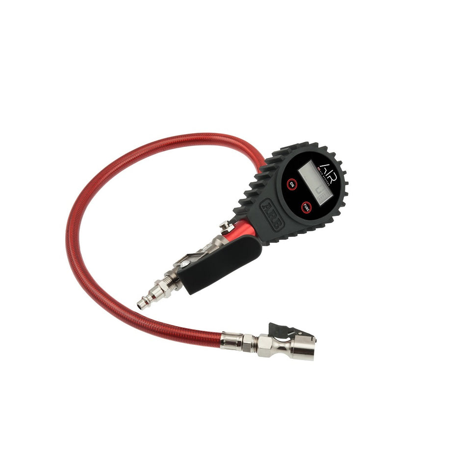 SRB Digital Tyre Inflator Braided Hose W/Chuck-ARB601. Front view of tyre inflator with a black gauge connected to a red braided hose with a silver chuck on the end.