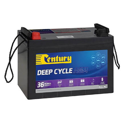 Battery Deep Cycle AGM 12V 120AH-C12-120XDA. Front view of black battery with century logo on a blue background.