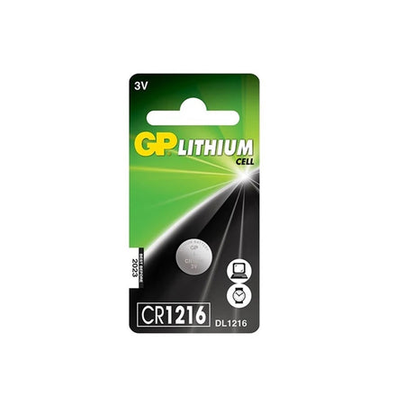 Battery Lithium 3V Coin-CR1216. Front view of coin battery in a blister pack with black and green cardboard.