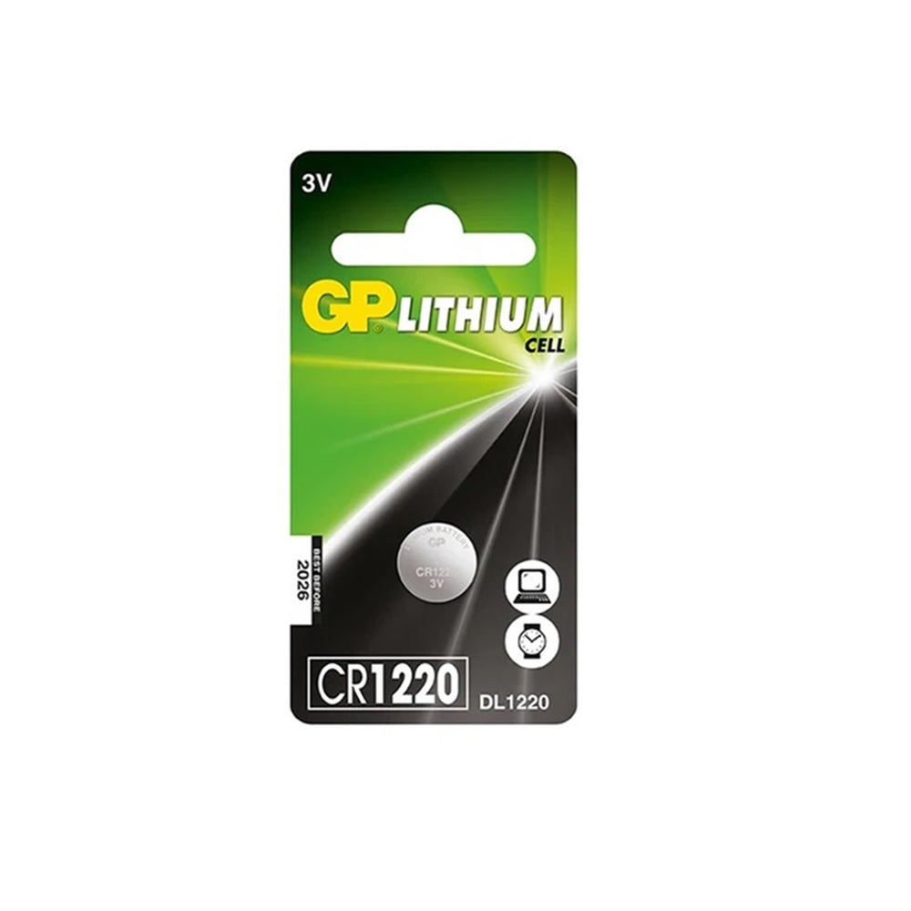 Battery Lithium 3V Coin-CR1220. Front view of coin battery in blister pack on black and green cardboard.