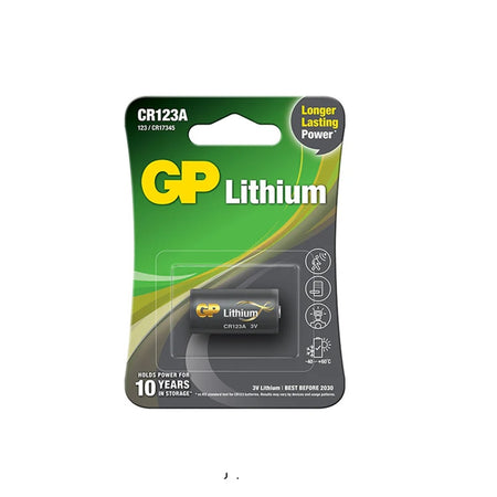 Battery Lithium 3V 1 pk-CR123A. Battery in blister pack on black and green cardboard.
