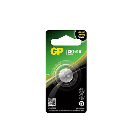 Battery Lithium 3V Coin-CR1616. Front view of coin battery in blister pack on black and green cardboard.