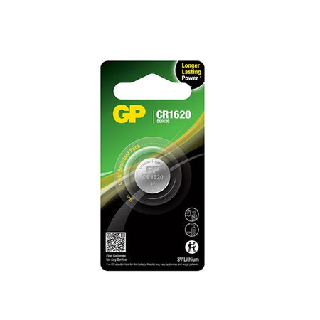 Battery Lithium 3V Coin-CR1620. Front view of coin battery in blister pack on black and green cardboard.