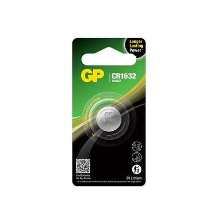 Battery Lithium 3V Coin-CR1632. Front view of coin battery in blister pack with black and green cardboard.