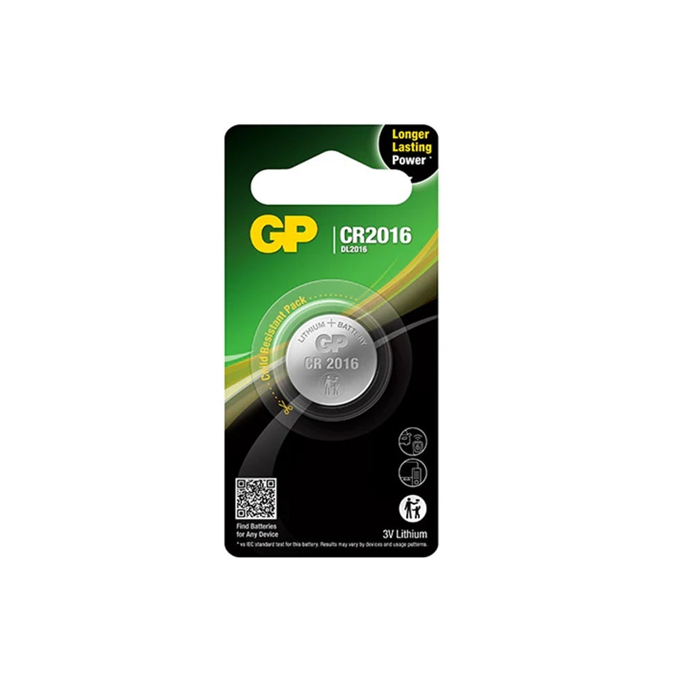 Battery Lithium 3V Coin-CR2016. Front view of coin battery in blister pack with black and green cardboard.