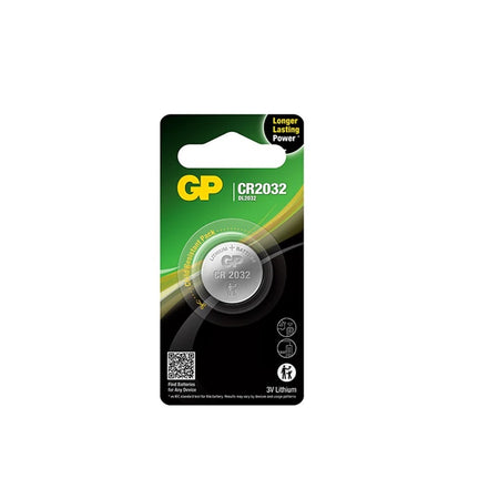Battery Lithium 3V Coin-CR2032. Front view of coin battery in blister pack with black and green cardboard.