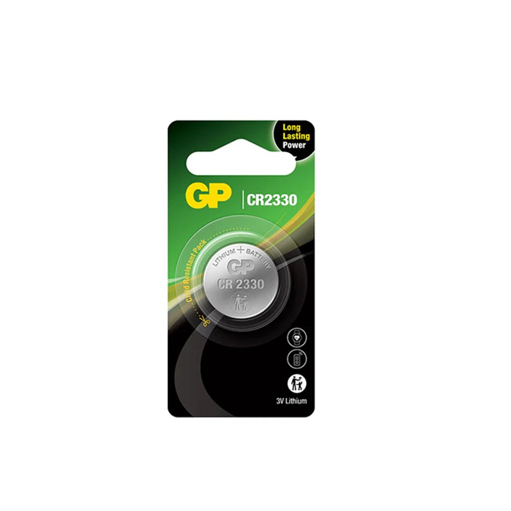 Battery Lithium 3V Coin-CR2330. Front view of coin battery in blister pack on black and green cardboard.