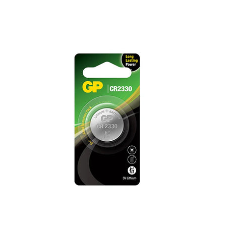 Battery Lithium 3V Coin-CR2330. Front view of coin battery in blister pack on black and green cardboard.