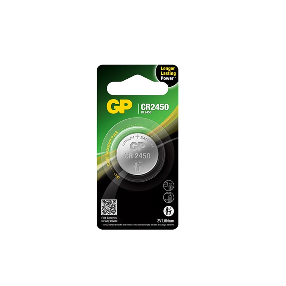 Battery Lithium 3V Coin-CR2450. Front view of coin battery in blister pack with black and green cardboard.