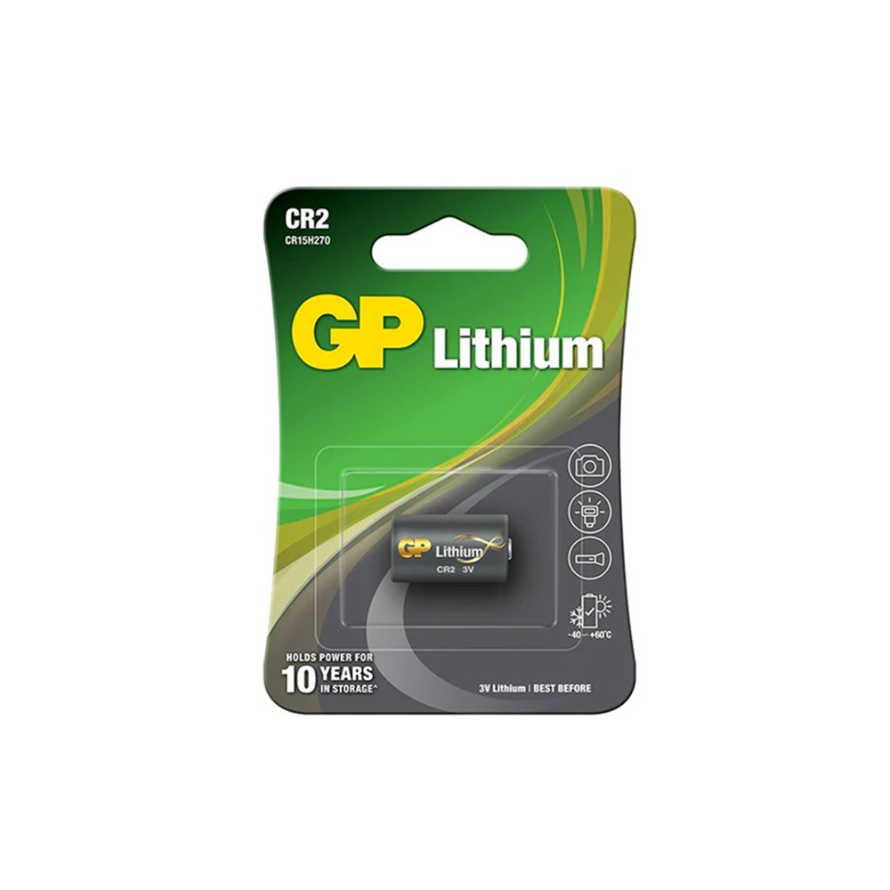 Battery Lithium CR2 1 pk-CR2. Front view of battery in blister pack with black and green cardboard.