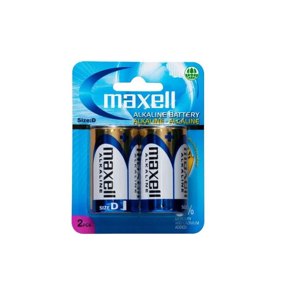 Battery Alkaline Size D-2 pk-D-2. Front view of 2 x batteries in blister pack with blue cardboard.