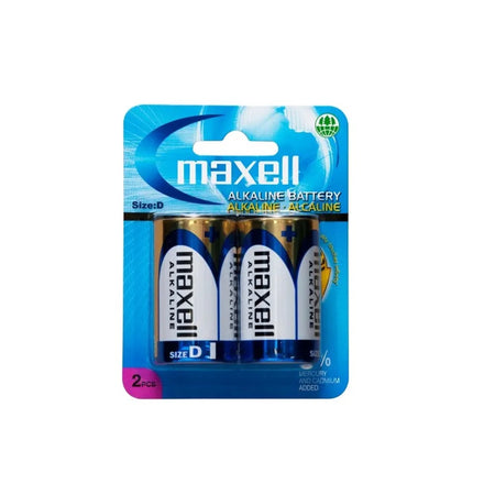 Battery Alkaline Size D-2 pk-D-2. Front view of 2 x batteries in blister pack with blue cardboard.