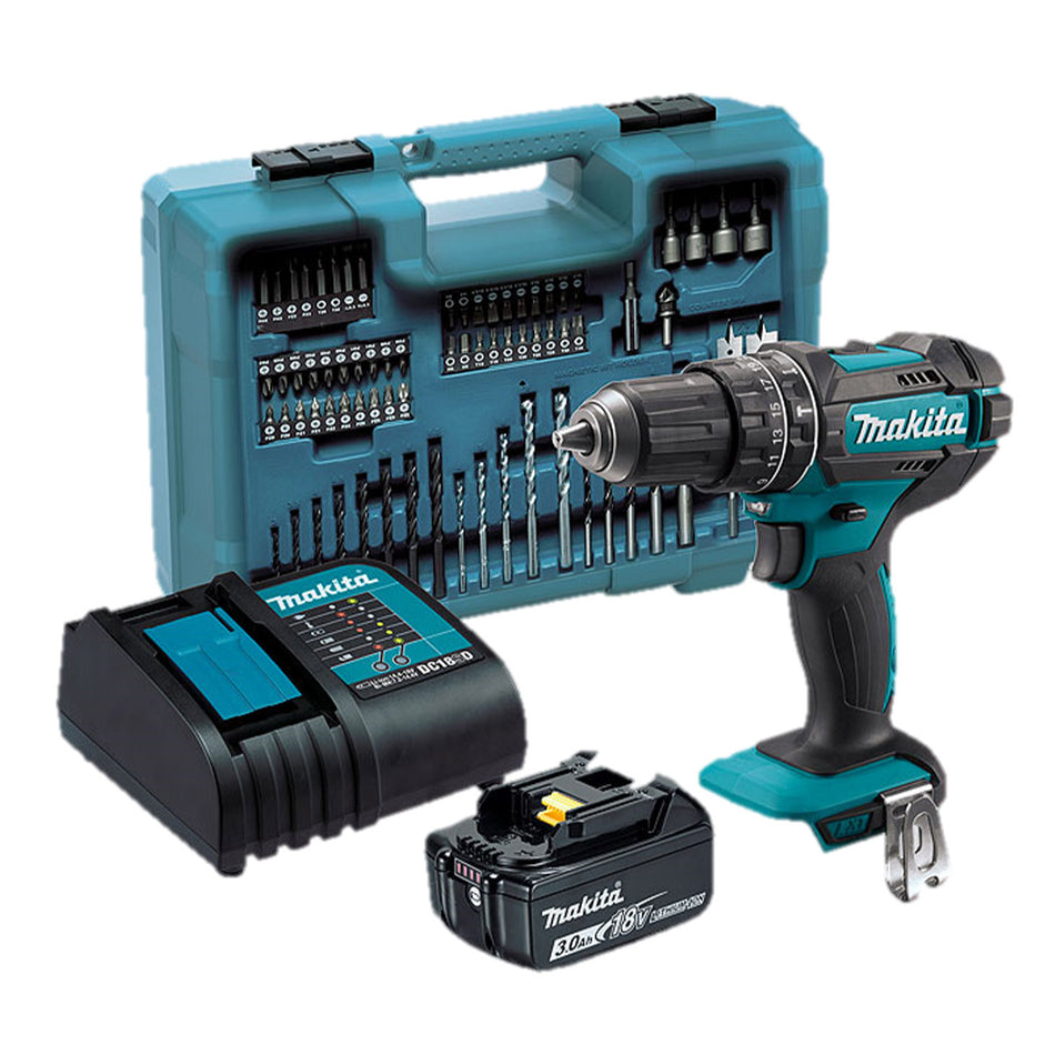Makita LXT Cordless Brushless Hammer Drill Kit 18v 3Ah layout of kit
