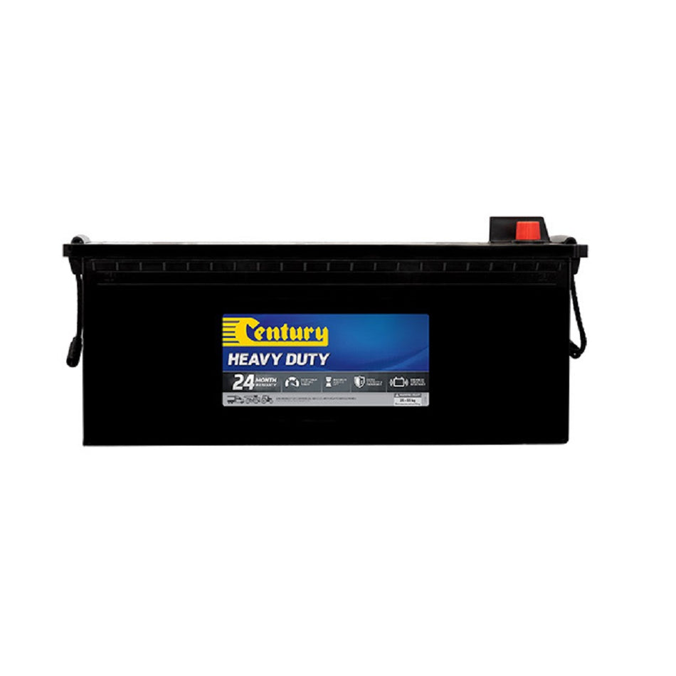 Century Battery Commercial 12 V Cal 1150CCA-DIN145L. Front view of black battery with yellow Century logo on blue and grey label on the front.