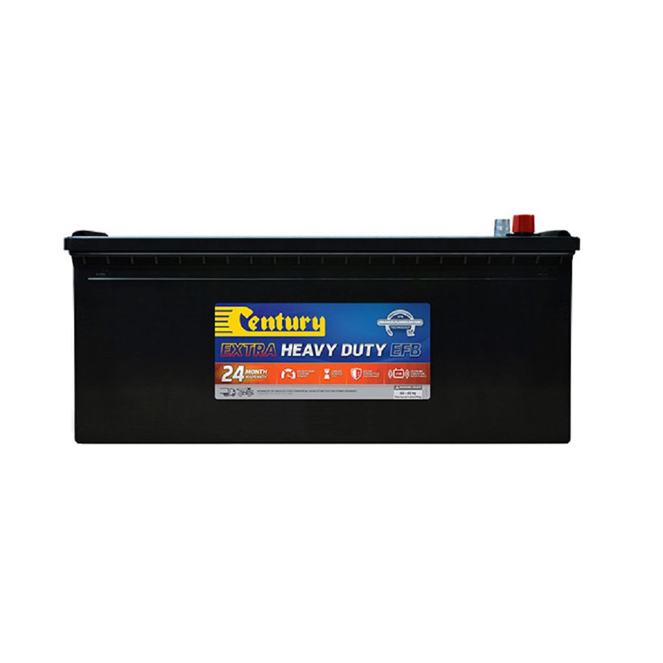 Century Battery Commercial CAL 12V 1050CCA-DIN180MF. Front view of black battery with yellow Century logo on blue and red label on front.