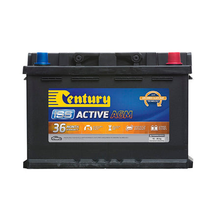 Century Battery Automotive AGM< 12V 760CCA (ISS)-DIN65LHAGM. Front view of black battery with yellow Century logo on blue and orange label