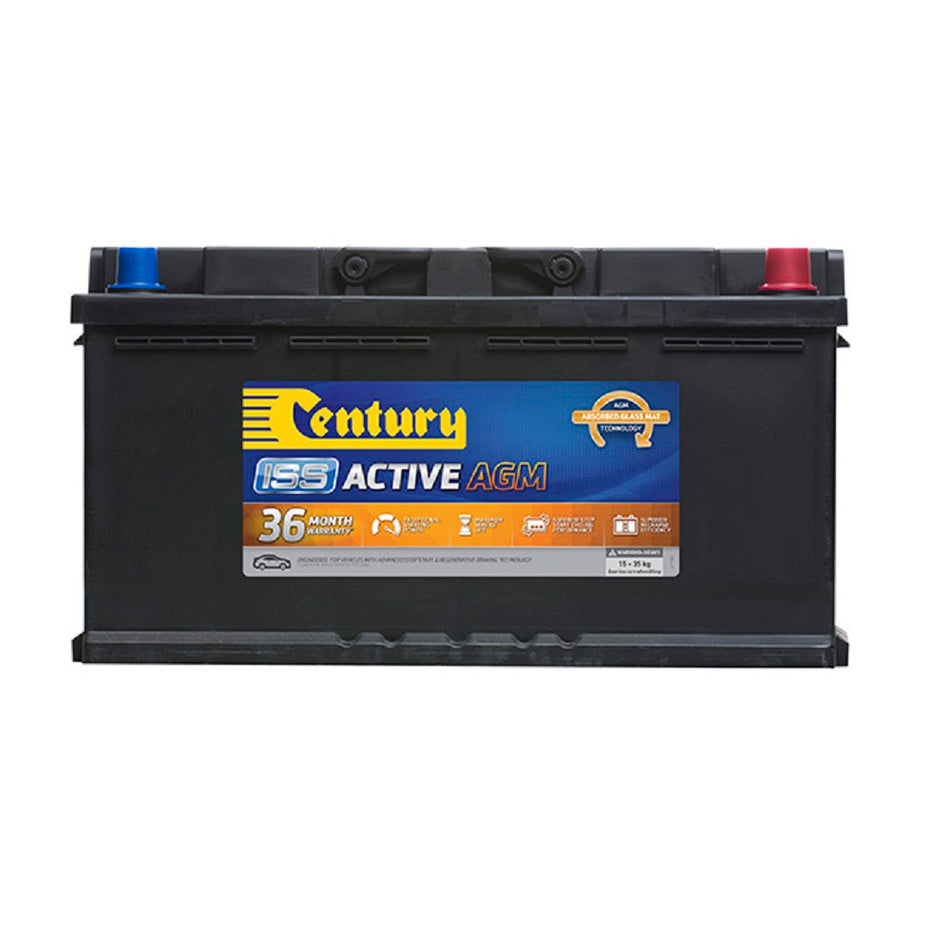 Century Battery Automotive AGM 12V 800CCA-DIN75LHAGM. Front view of black battery with yellow Century logo on a blue and orange label.
