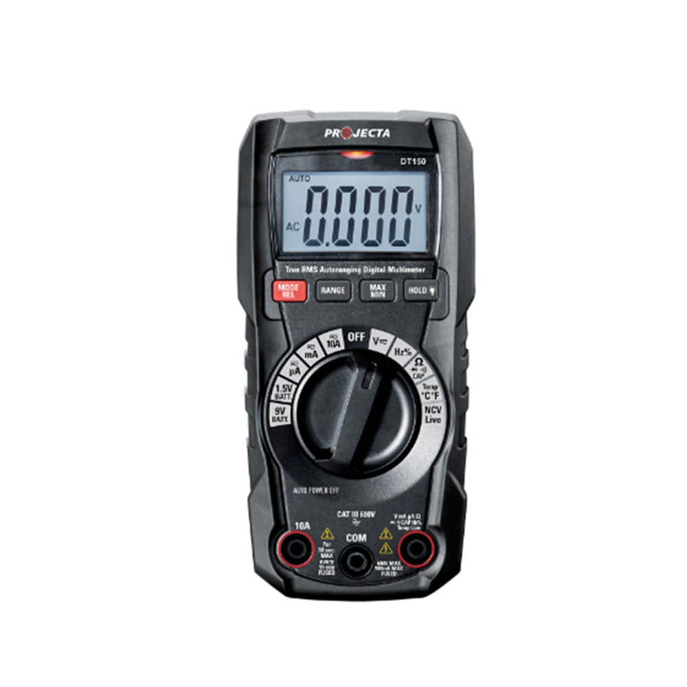 Projecta True RMS Multimeter-DT150.
Front view of black multimeter with backlit LCD screen with dial and Projecta logo.