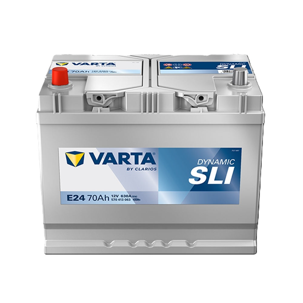 E24-NS70 690CCA, 70Ah Commercial Battery MF. Front view of a grey Varta battery on a white background.