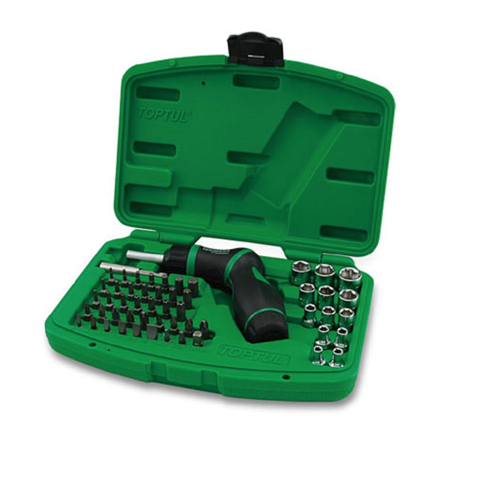 Toptul Screwdriver Socket & Bit Set 54 Pce-GAAI5401. Front view of green case with black screwdriver with green accents and sockets and bits in bottom of case.