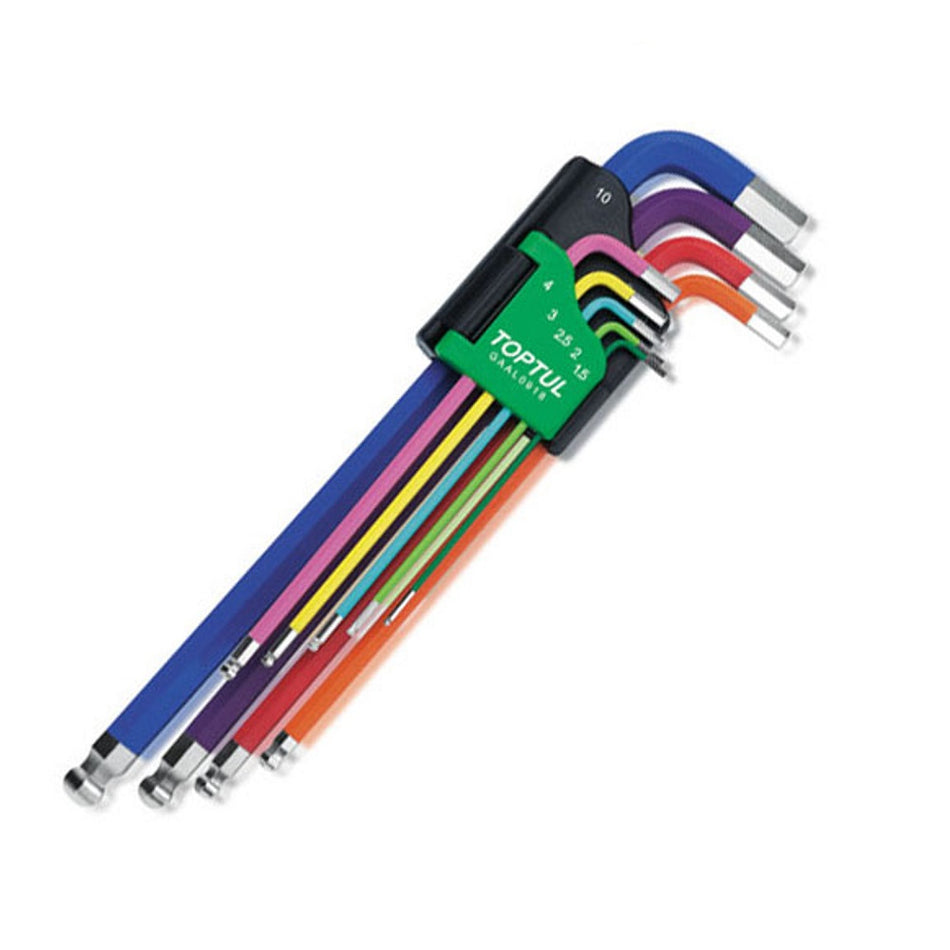 Toptul Hex Key Set Long 9 Pce - Colour Coded-GAAL0918. Front view of coloured hex keys in a black and green plastic moulded holder.