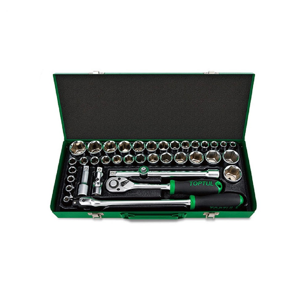 Toptul Socket Set 1/2" DR 38 Pce Imperial & Metric-GCAD3803. Front view of socket set with the tools in front of the sockets in the bottom half of a green metal case.